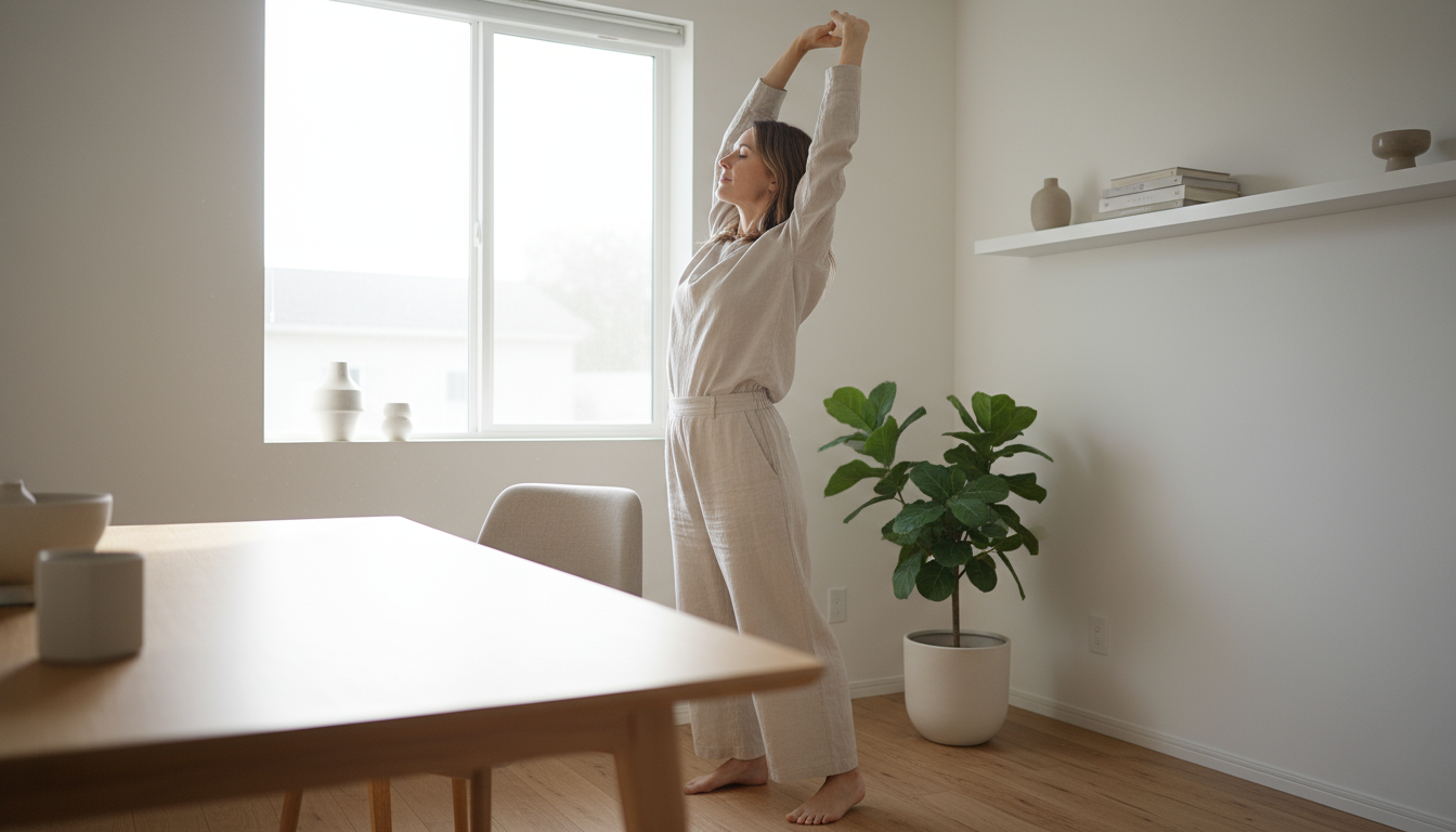 Professional pushes chair under a tidy, minimalist desk at dusk, laptop closed, signifying the end of the workday ritual.