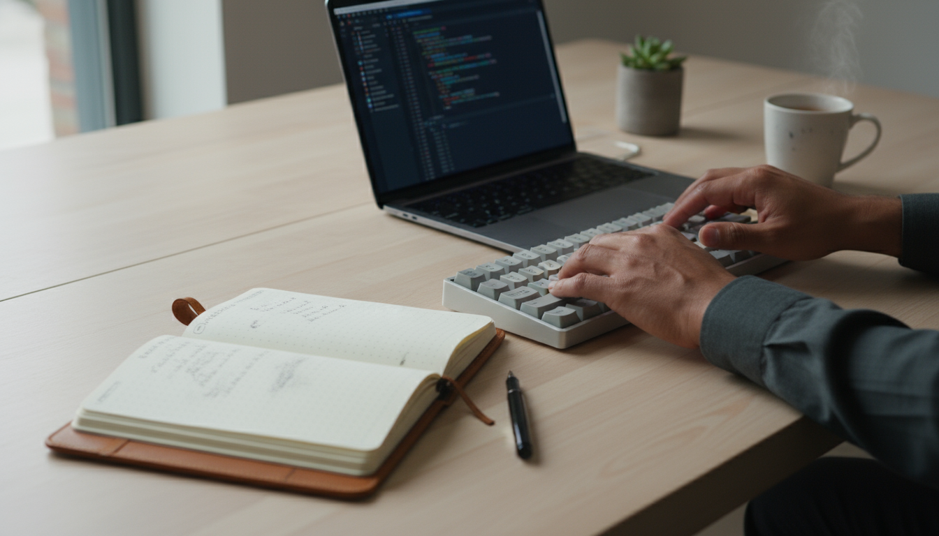 Close-up of hands typing on a keyboard at a clean, organized desk, with a notebook showing a completed task.