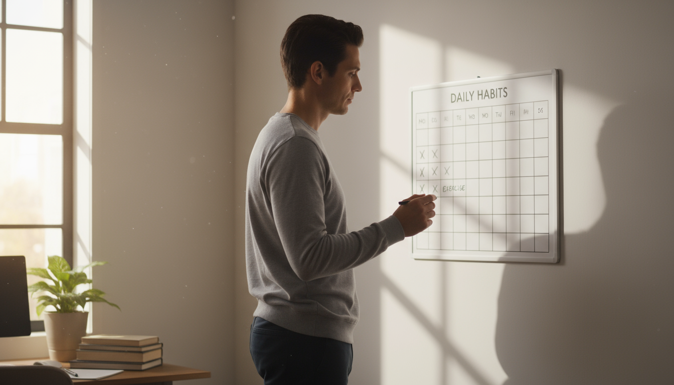 A gender-neutral hand plugging a smartphone into a minimalist charging station on a wood console table in a softly lit living room.