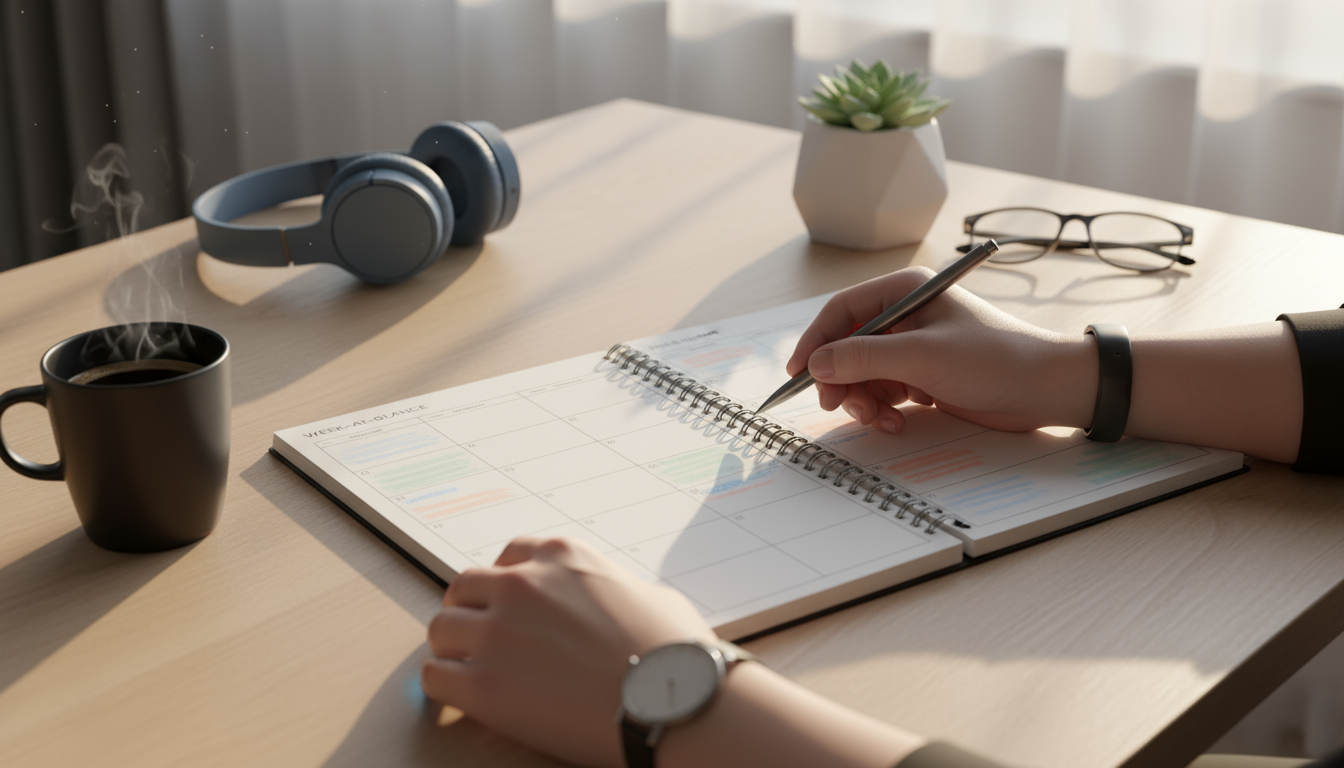 A person pauses at a clean desk, hands above a keyboard, looking at a digital timer showing '00:00'.
