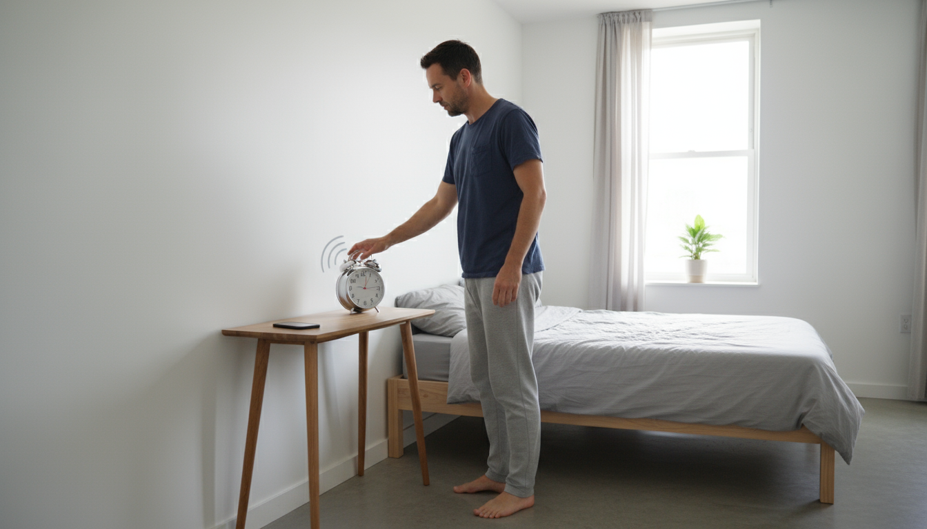 Modern smartphone placed inside a minimalist storage box on a desk, deliberately out of immediate reach. Illustrates adding friction to bad habits.