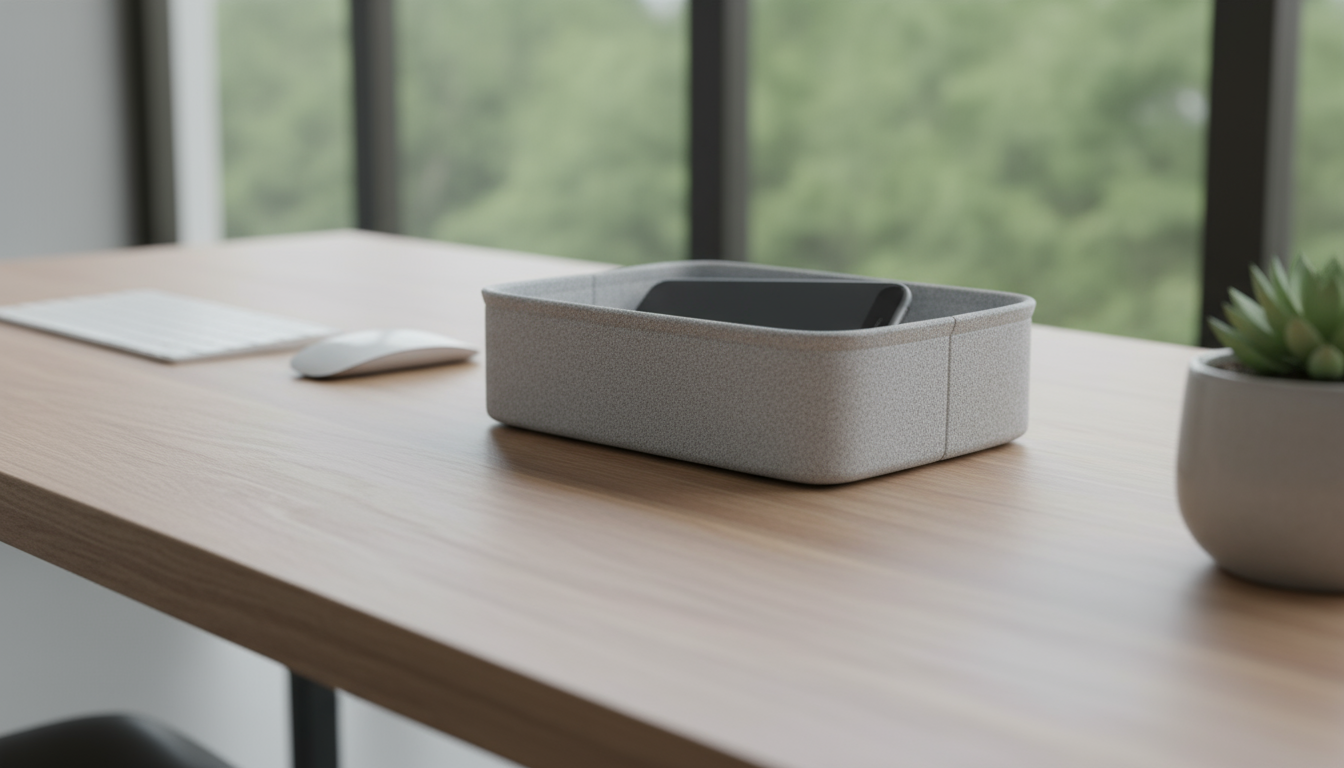A man, mid-30s, steps out of bed to turn off a basic analog alarm clock placed on a console table across his minimalist bedroom, his smartphone chargi