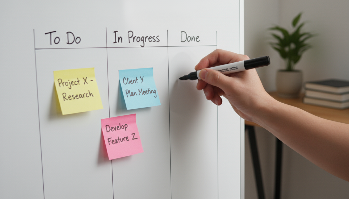 A male university student, Leo, stands in his dorm room, thoughtfully reviewing a large corkboard Kanban filled with colorful sticky notes, planning h