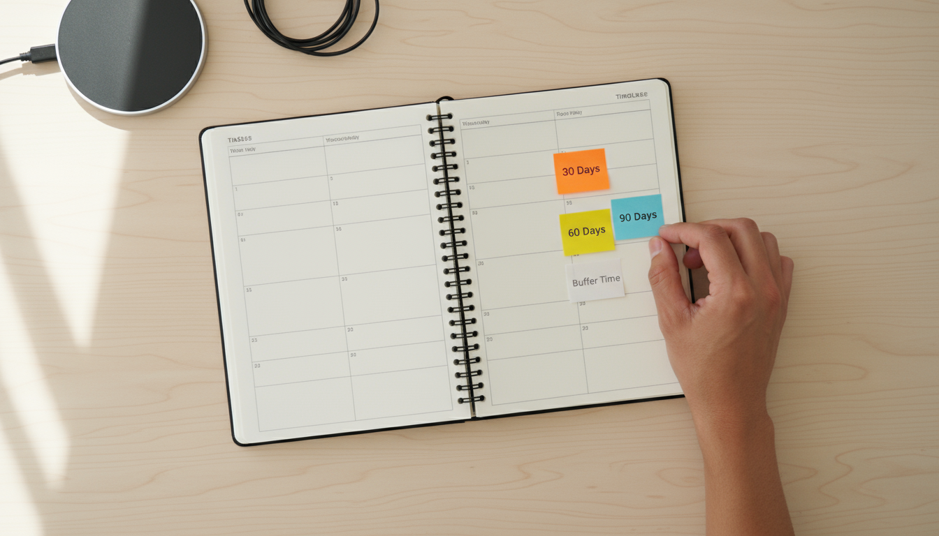 A person's hand marks a physical habit tracker at a standing desk, with a laptop displaying work content nearby, in a bright home office.