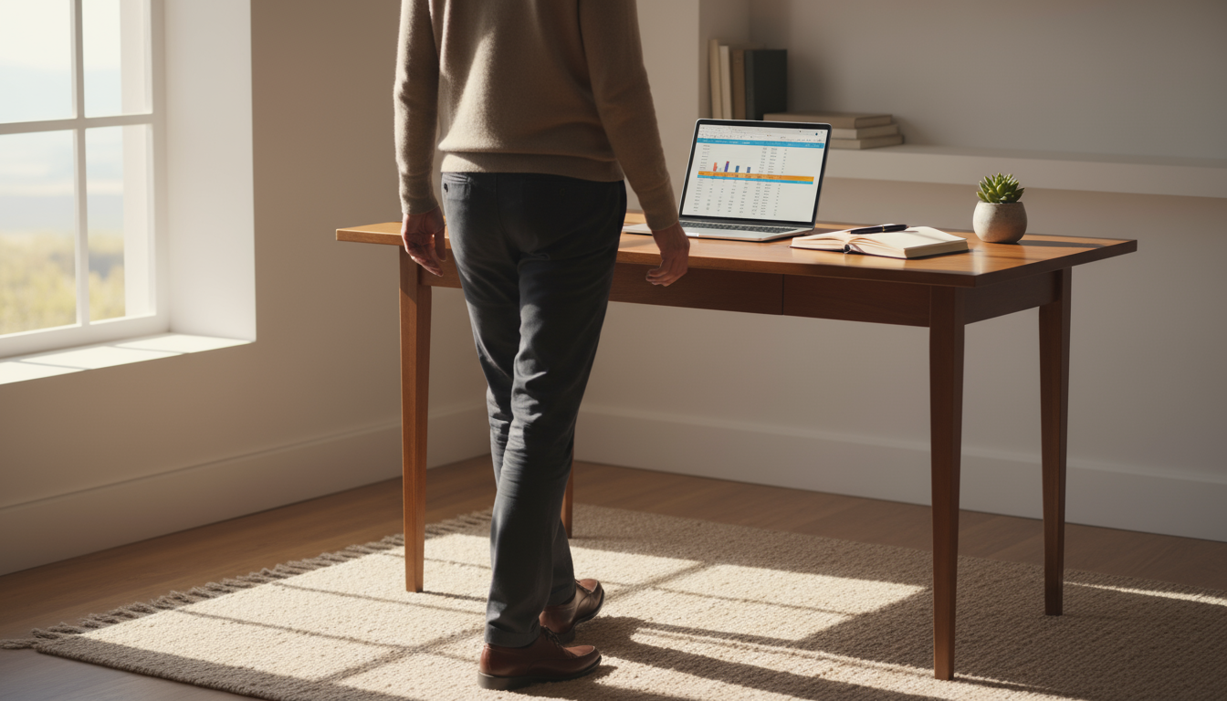 A professional's hand slides a phone aside on a clean desk, with a laptop showing a single open app and a timer, signifying the start of deep work.