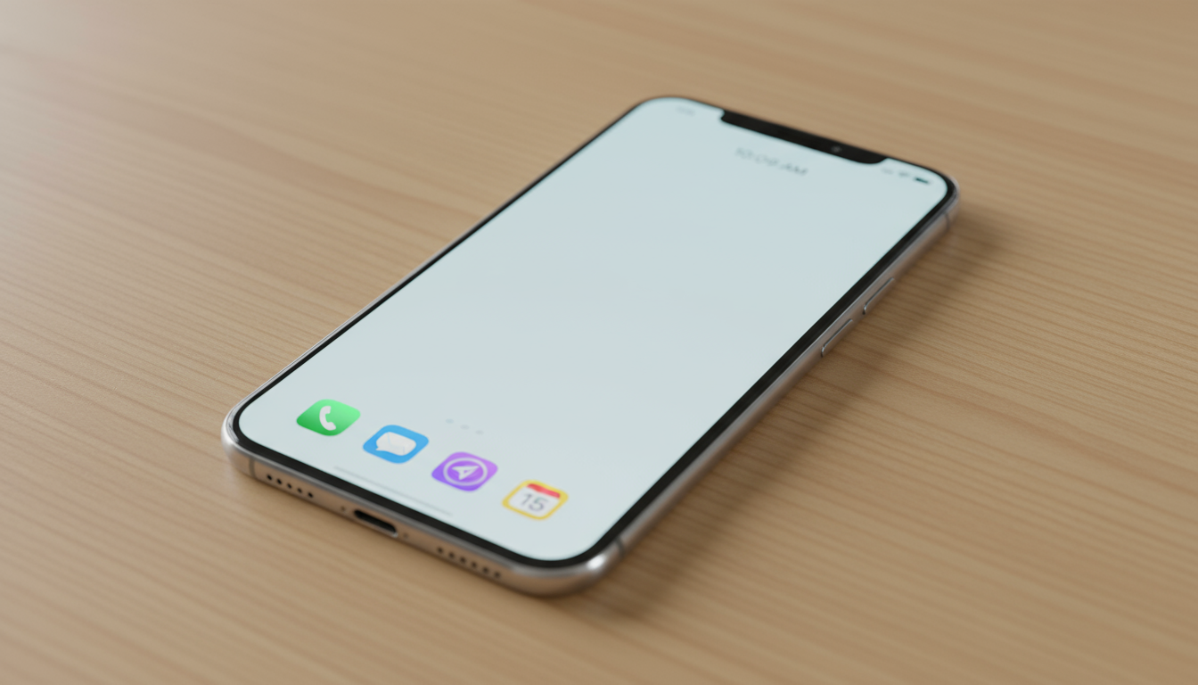 A minimalist laptop and smartphone on a clean wooden desk, both screens showing perfectly organized, calm digital workspaces, bathed in natural light.