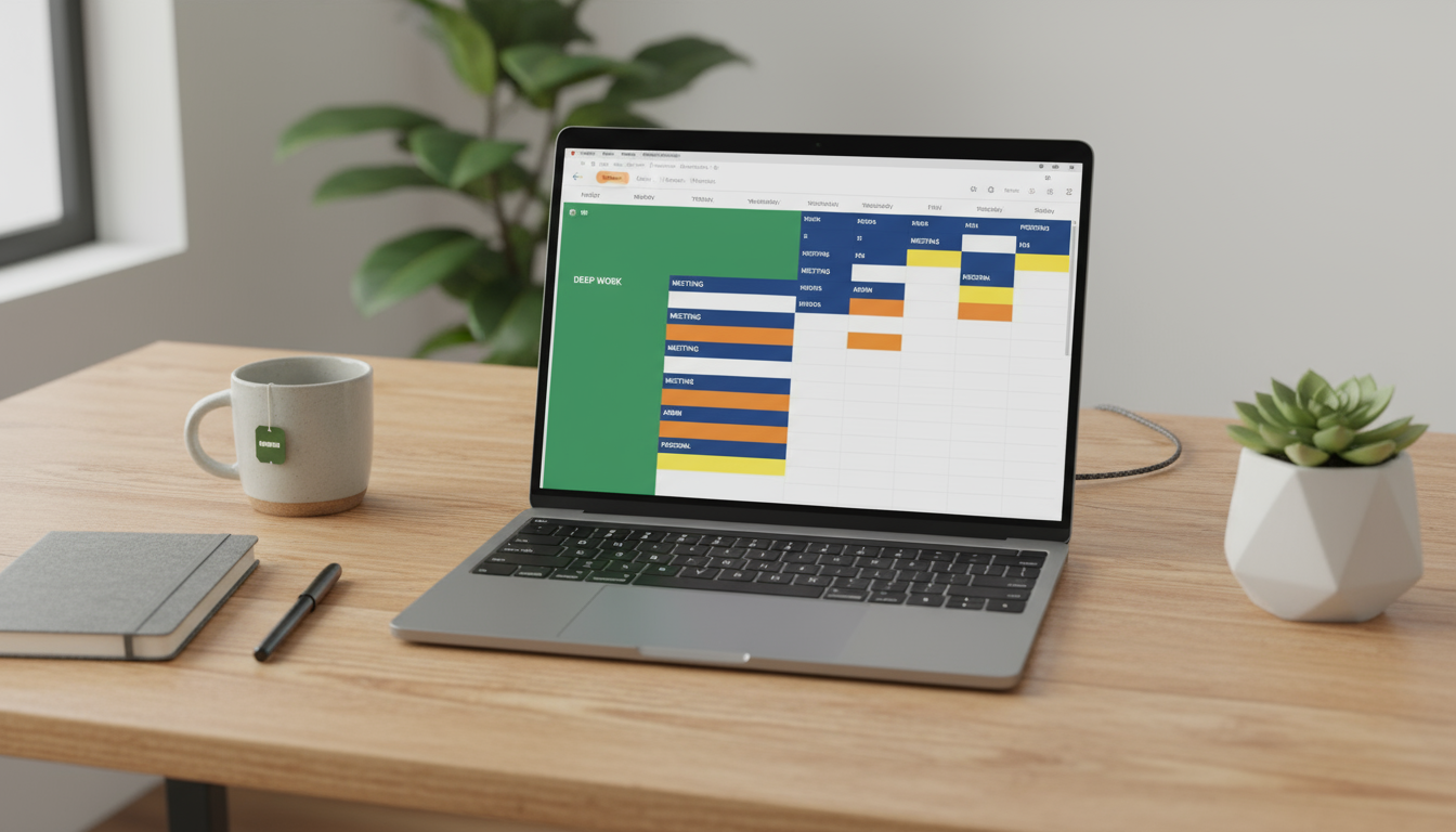A professional's hand hovering over a laptop displaying a color-coded digital calendar with time blocks for specific tasks, next to a simple to-do lis