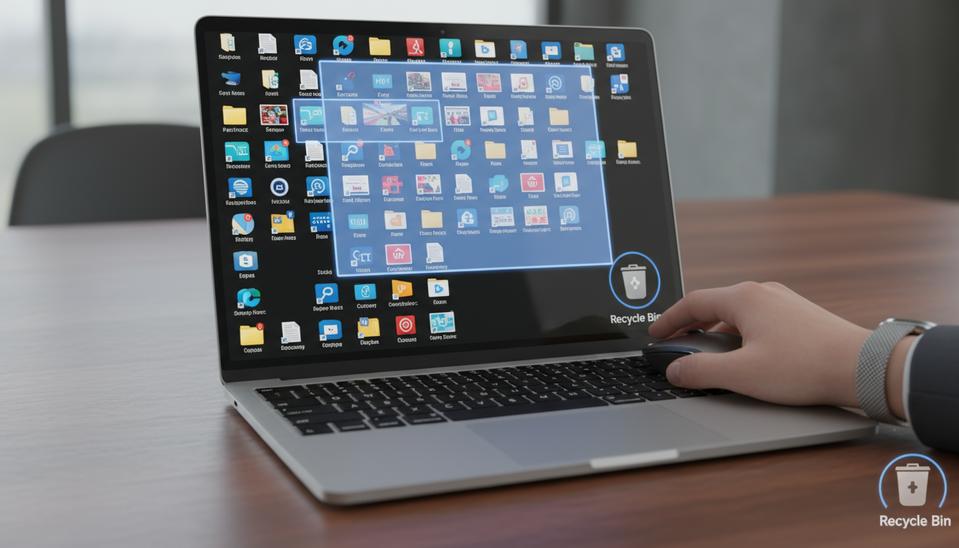 Professional's hand decisively clicking a laptop trackpad on a clean desk, indicating swift email processing and archiving.