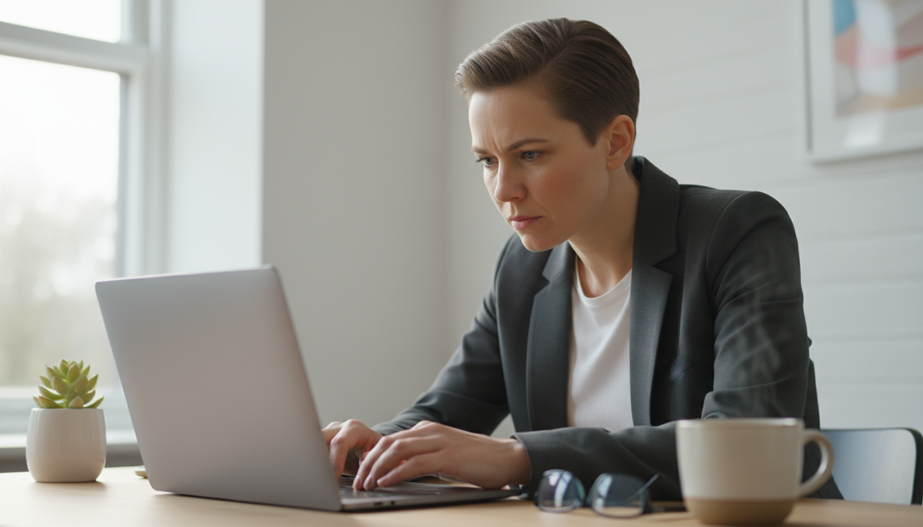 A woman observes small tasks on her desk: coffee mug, tangled charger, file, and laptop notification, with a pen and notepad.