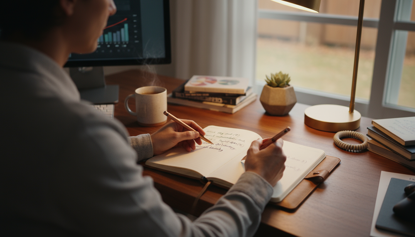 Hands resting on a planner showing grouped small tasks and a larger project broken into steps on a minimalist desk.