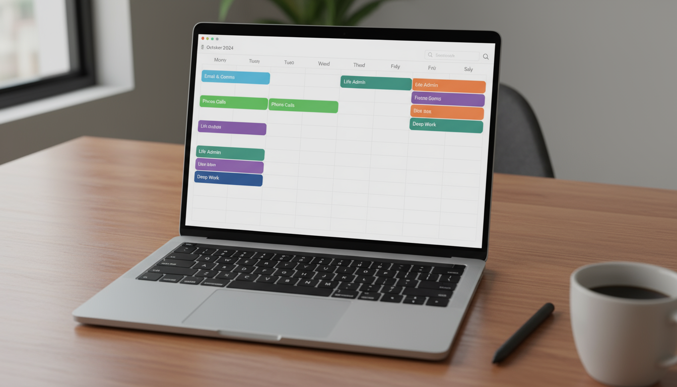 A focused professional sets up their color-coded digital calendar (green for deep work, blue for meetings, gray for admin, yellow for personal) on a m