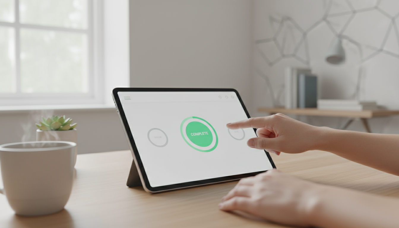 A hand drags a banking app icon on a smartphone screen to the home screen dock, set against a blurred, organized desk.