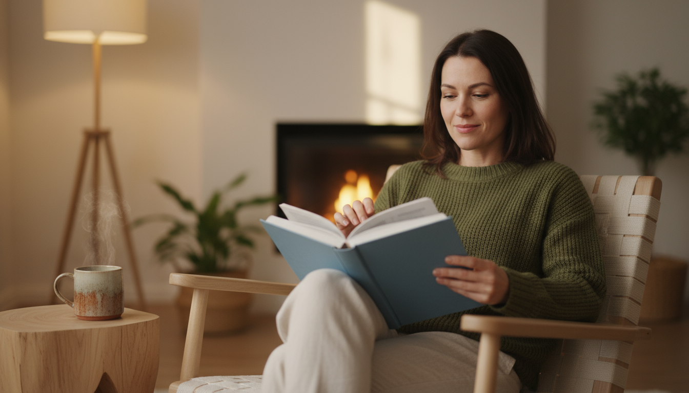 Close-up of a hand holding a black pen, poised to write a single word on the blank page of a minimalist journal on a desk.