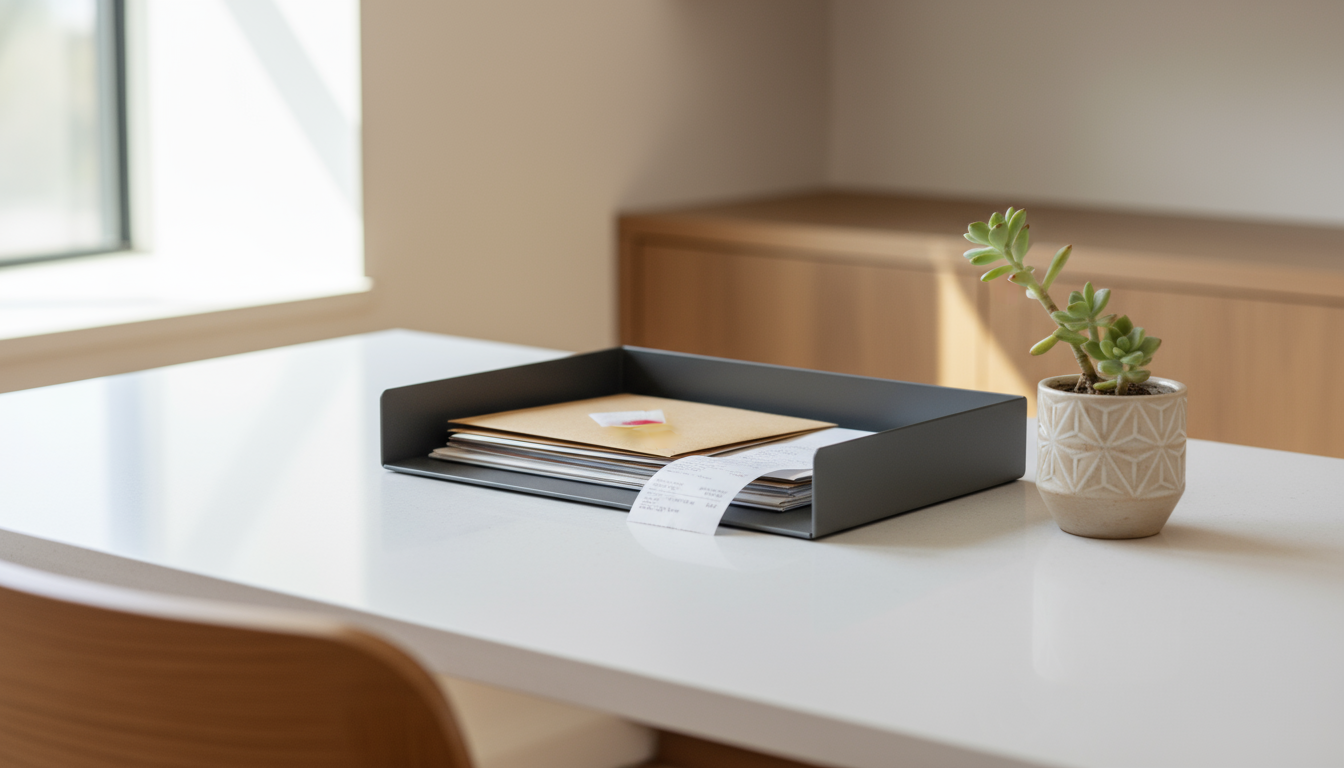 A person's hands gently sweep a pile of assorted papers from a cluttered wooden desk into a cardboard box, beginning a home office declutter.