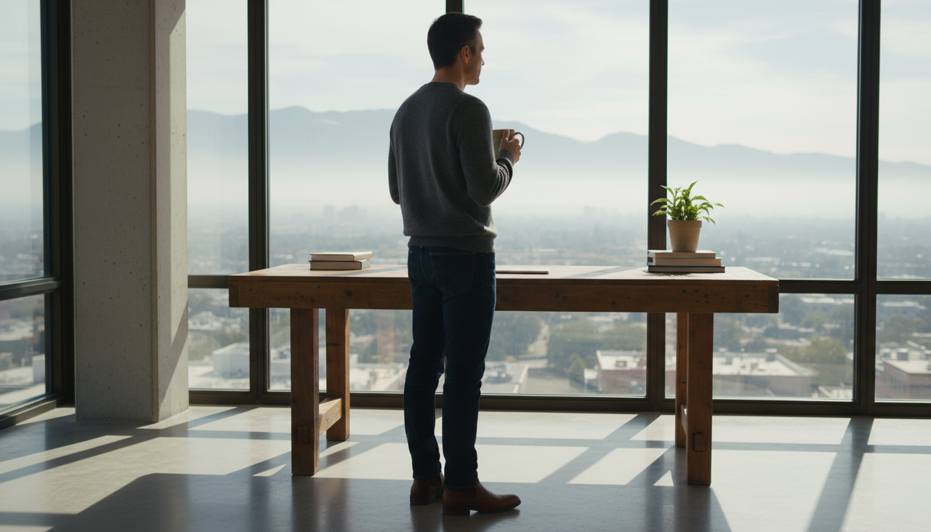 Hands placing an open planner on a minimalist wooden desk next to a steaming tea and water, bathed in morning light.