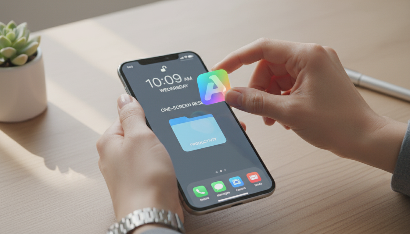 A professional intently writing in an open notebook on a minimalist wooden desk, with a smartphone showing a note app and an empty felt inbox tray nea