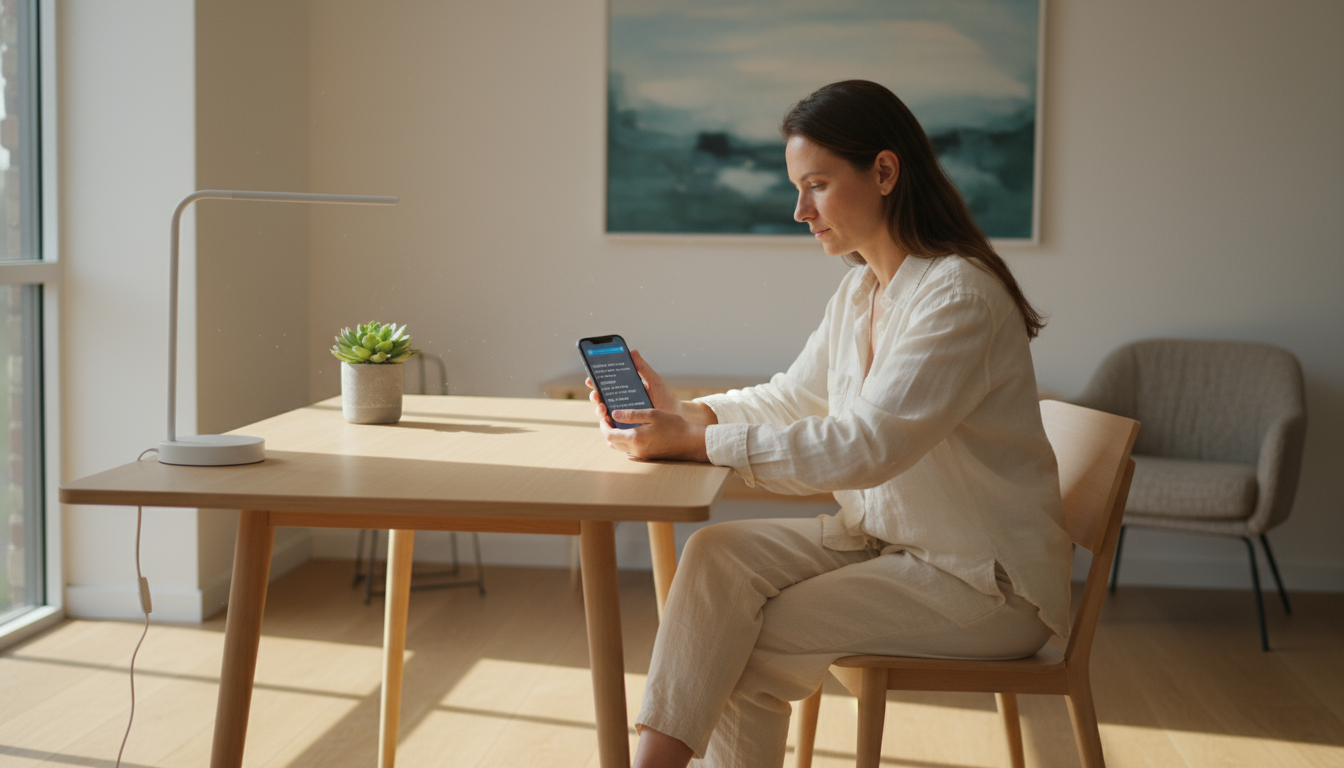 Hands gently placing a smartphone with a dark screen onto a wireless charging pad on a minimalist wooden table in soft evening light.