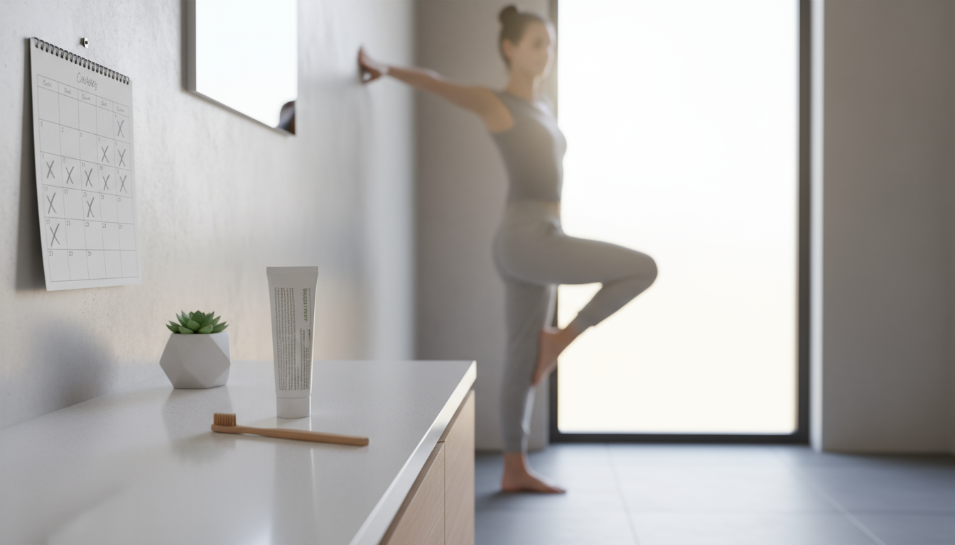 A hand reaches for a physical book on a nightstand, illuminated by a warm lamp, with a phone charging on a distant dresser.