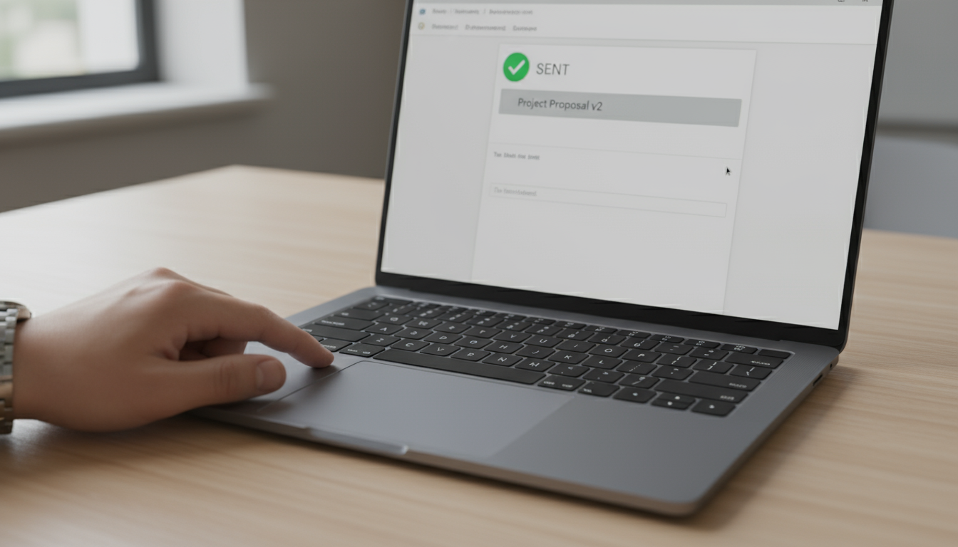 Professional's hands motionless on a laptop trackpad, displaying an overwhelming list of emails on a clean, minimalist wooden desk in natural light.
