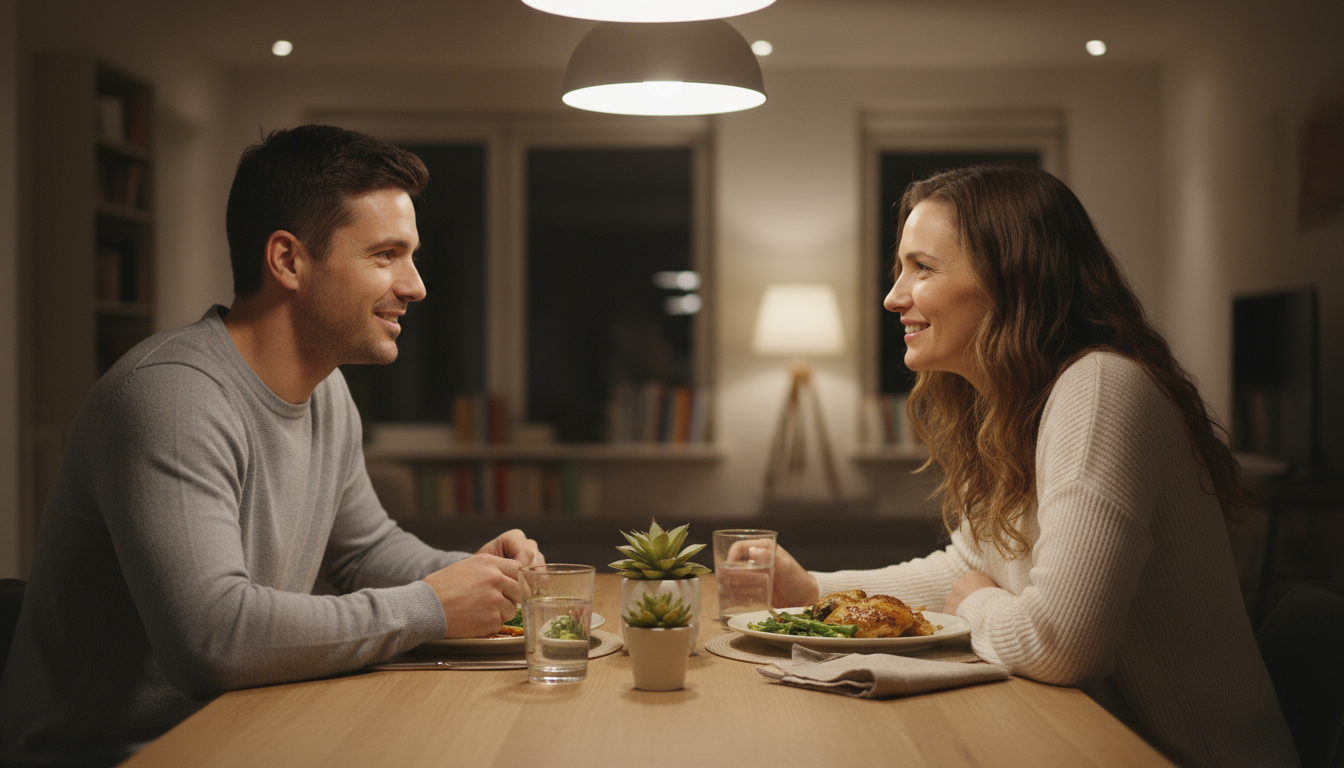A minimalist digital alarm clock sits on a bedside table in a softly lit bedroom. A smartphone charges on a console in a distant, dimly lit hallway.