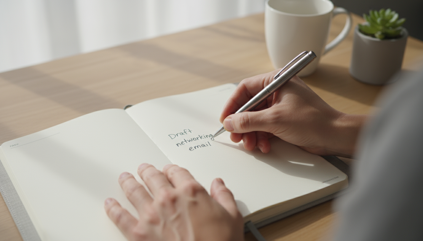 An open planner with handwritten tasks on a minimalist oak desk, beside a brass compass and a blurred laptop screen showing a performance graph.