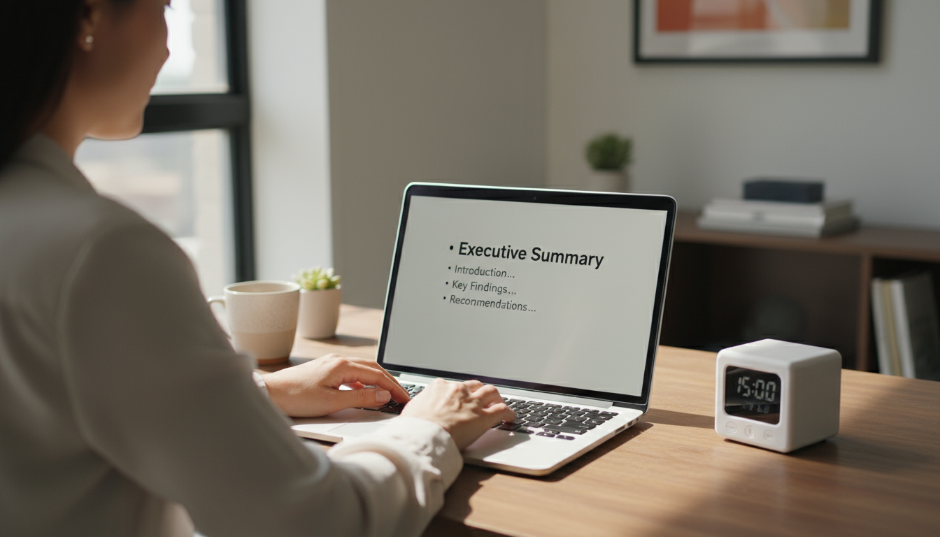 A professional with a subtle, conflicted expression gazes away from an open laptop at a clean desk, embodying internal procrastination.