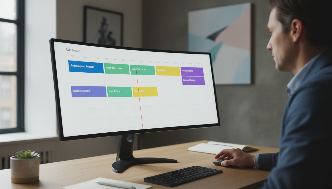 A professional's hand interacts with a digital calendar displaying color-coded time blocks for tasks, on a clean, sunlit desk, embodying focused plann
