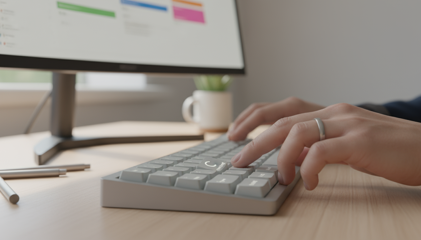 A knowledge worker reviews a physical planner and digital calendar in a serene, sunlit minimalist home office, deep in thought.