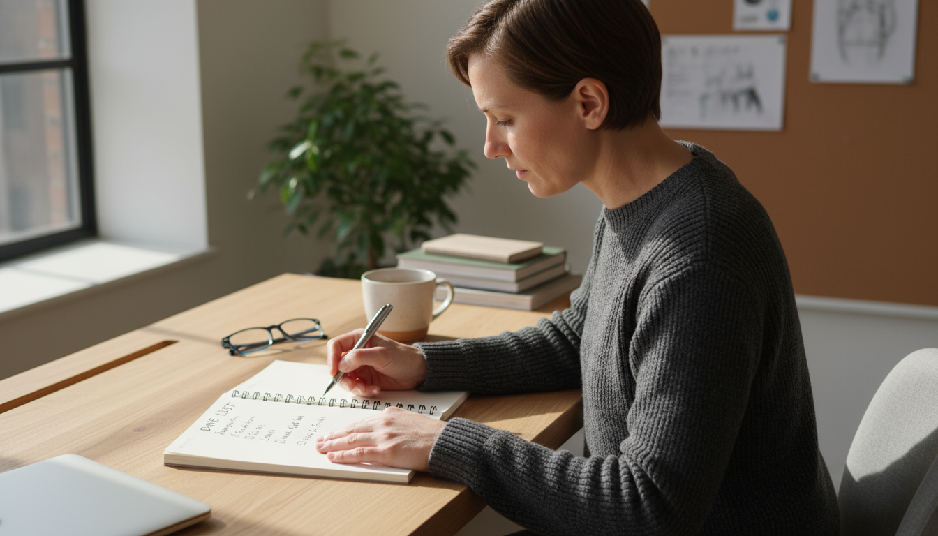 A knowledge worker thoughtfully plans their week on a paper planner, balancing existing family and personal commitments in a clean home office.