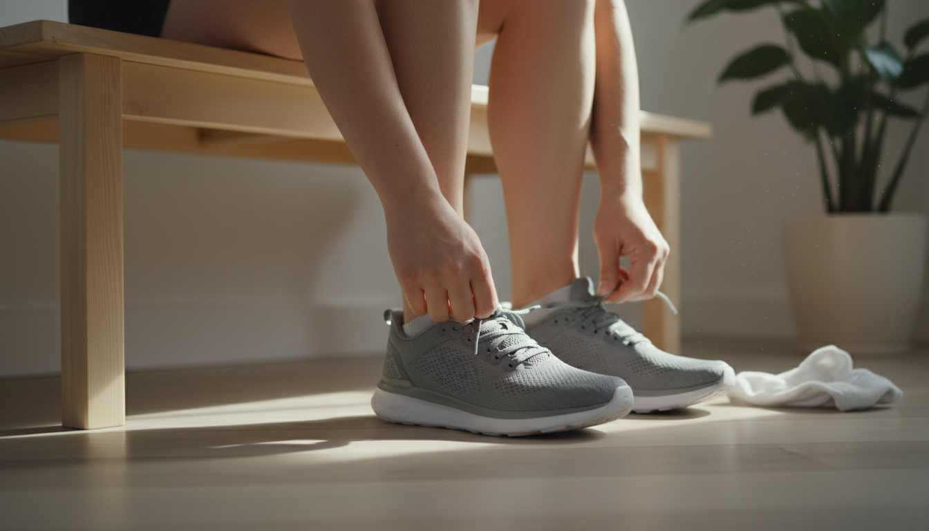 Woman in athletic wear stands reflectively in a sunlit, minimalist home corner, near a neatly rolled yoga mat and plant, embodying a healthy identity.