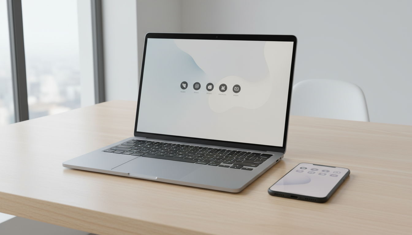 A professional's hand resting calmly on a laptop trackpad, focused on a minimalist, white-space-rich digital calendar interface, bathed in natural lig