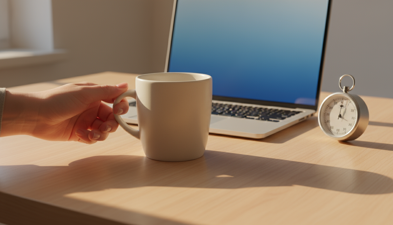 Close-up of hands efficiently pressing keyboard shortcut keys, with a handwritten sticky note 'Cmd-W' on a minimalist monitor, on a clean desk.