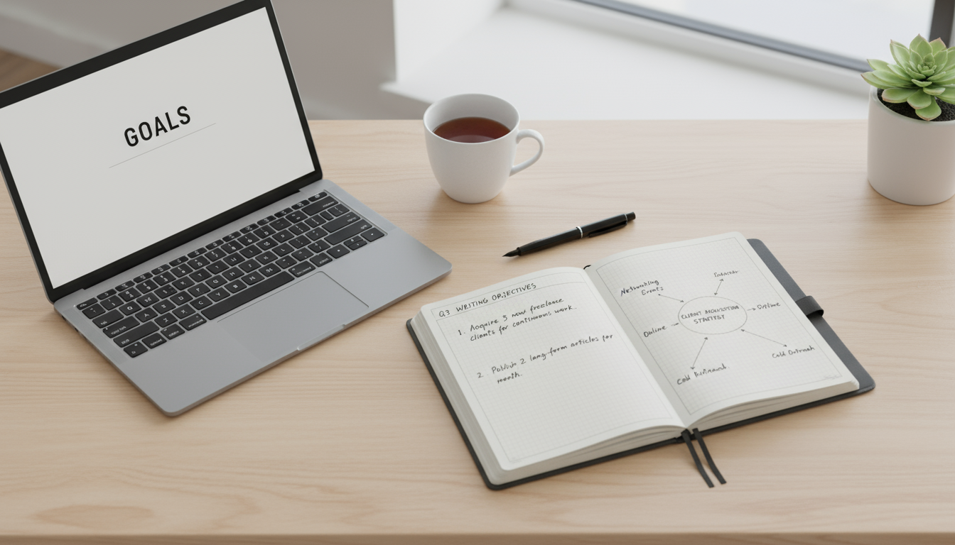 A clean desk showing an open laptop with a blank document next to a bullet journal with a specific, detailed goal written in it. A hand with a pen hov