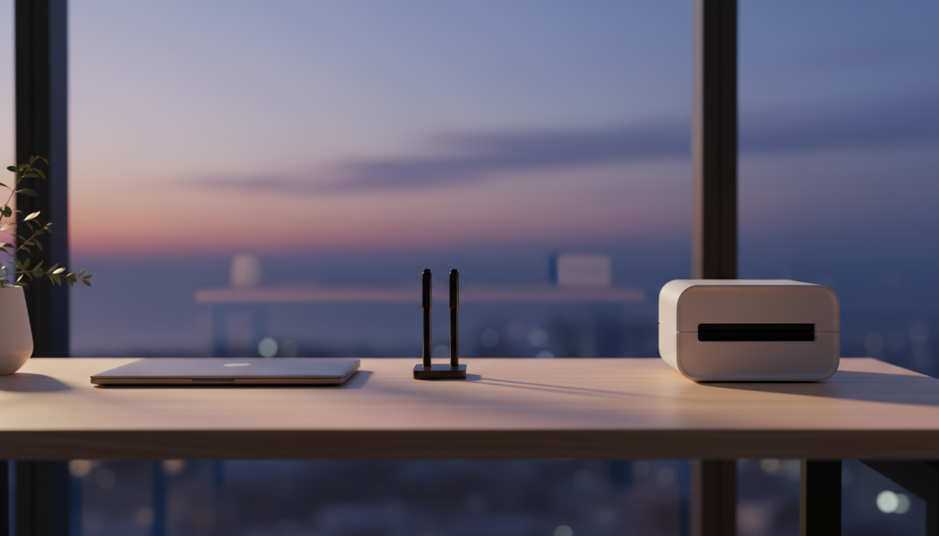 Meticulously organized light wood desk at dusk, featuring a closed laptop, pen stand, and compact document scanner, symbolizing a refreshed workspace.