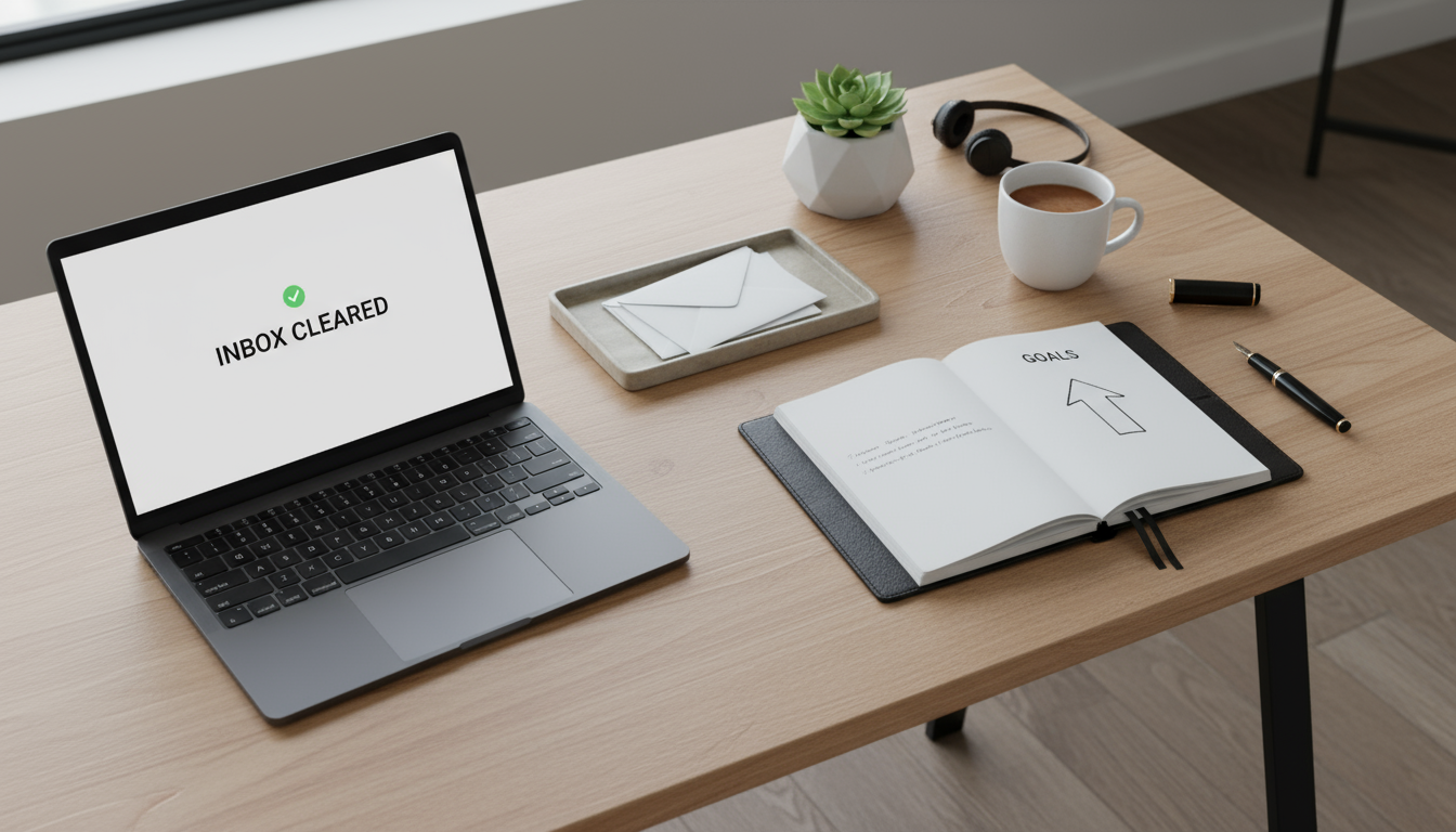 A university student, Ben, swiftly organizes his desk in a sunlit dorm room, placing a textbook on a shelf and holding a binder.