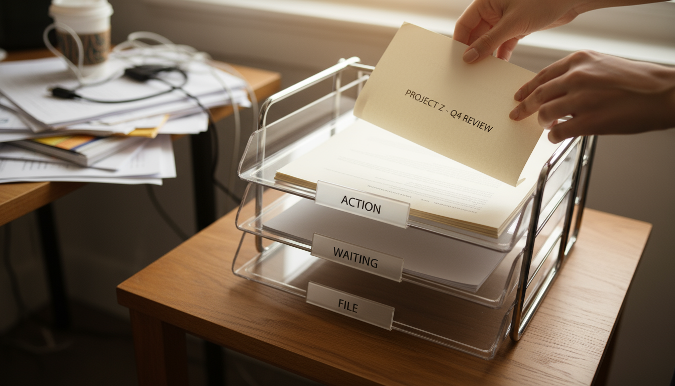 A clean kitchen counter beneath a sleek, wall-mounted mail sorter with 'Incoming,' 'Action,' and 'Filing' slots. A drawer is slightly open, revealing