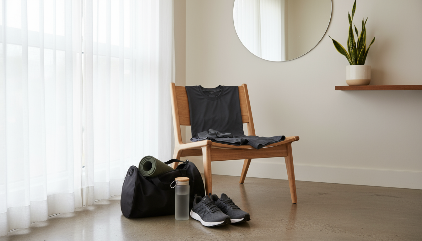 Elevated shot of a calming bedside 'wind-down station' with an open journal, pen, book, and analog alarm clock on a light wood table, no phone visible