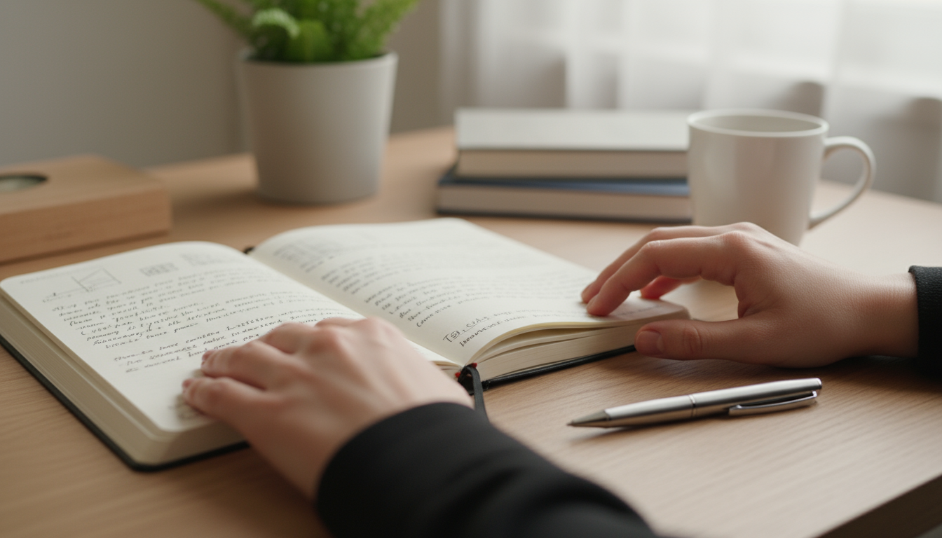 A professional at a light wood desk reviews an open journal, weekly planner, and digital calendar in a well-lit home office.
