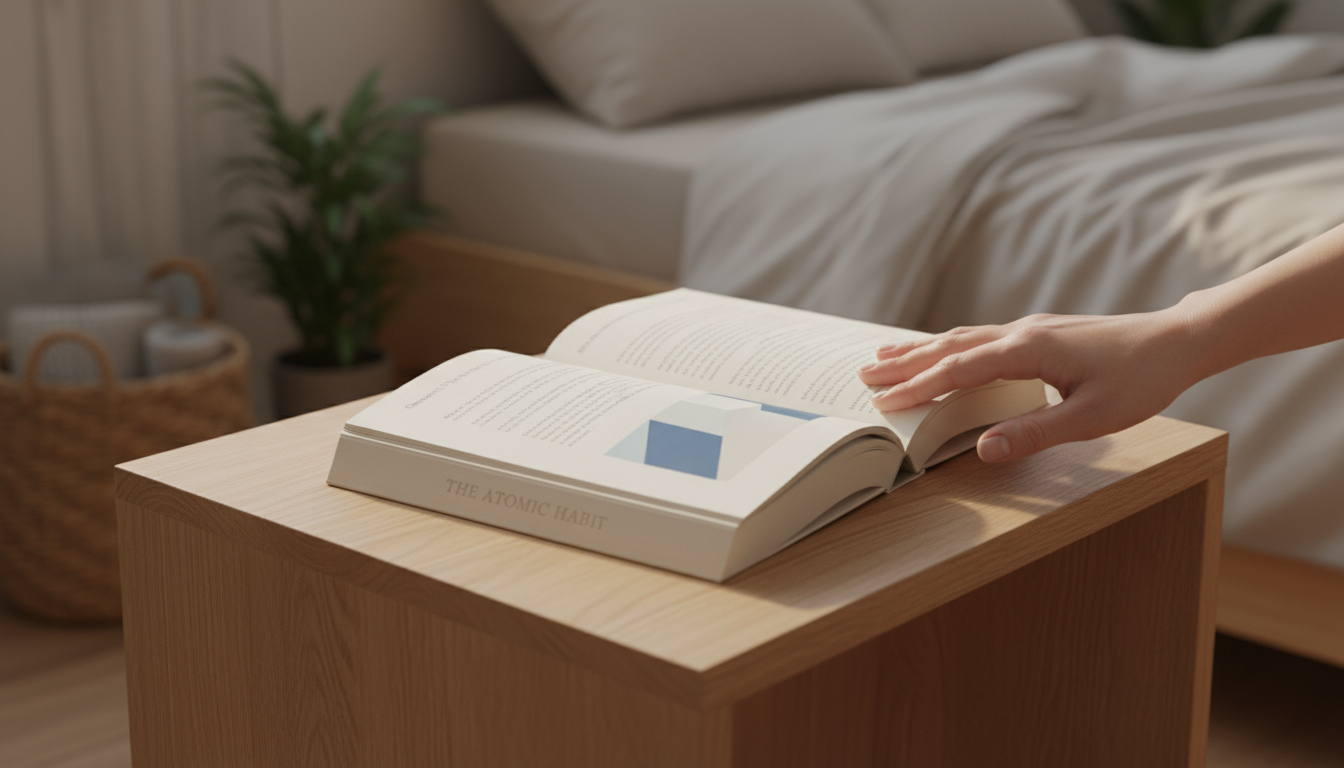 Neutral workout clothes and a full water bottle neatly arranged on a minimalist bench, with athletic shoes below, in a sunlit bedroom corner.