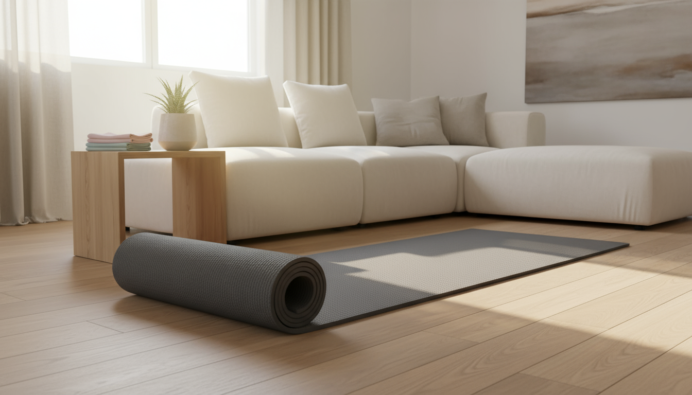 Unrolled grey yoga mat and neatly stacked resistance bands on a side table in a calm, sunlit living room corner, ready for a workout.