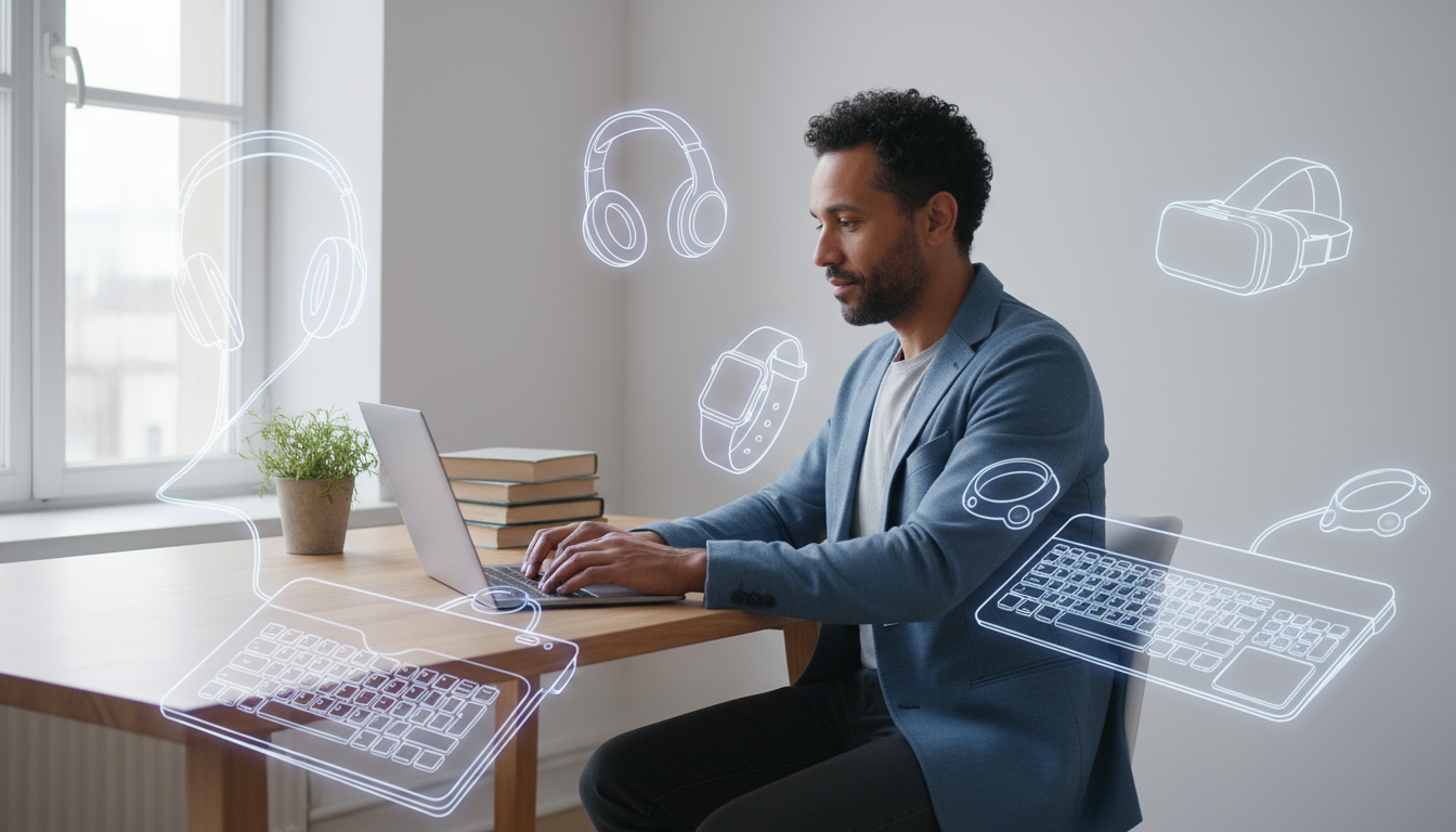 A dark-screened smartphone charging on a minimalist light wood console table in a warm-lit living room, symbolizing a digital detox evening ritual.