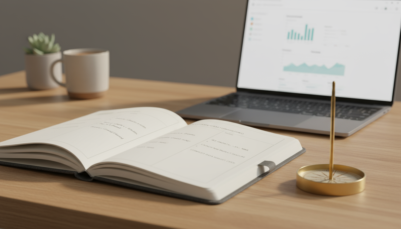 Open productivity planner on a dark wood desk, showing a yearly vision broken into clear, handwritten quarterly themes like 'Skill Acquisition & Found