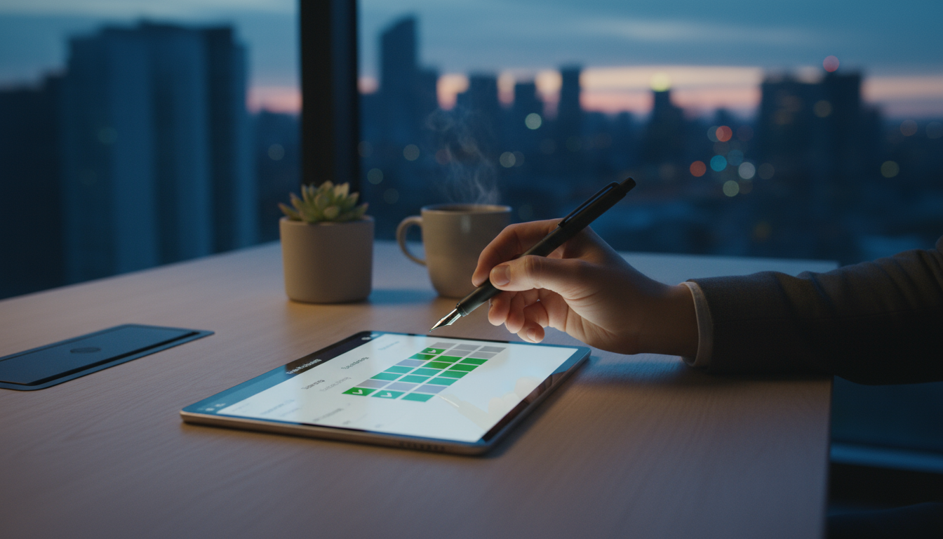 Organized bedside showing an open book on a pillow, a reading lamp on the nightstand, and a blurred smartphone charging across the room.