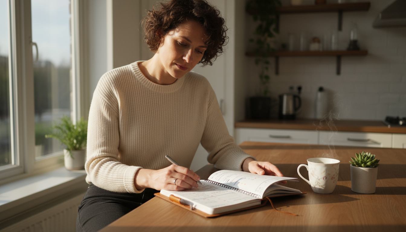 Woman sitting reflectively on a modern grey sofa with an open notebook, surrounded by subtle signs of a busy professional and family life.