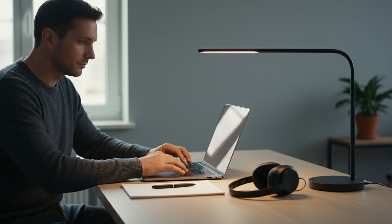 A person calmly texts on a smartphone at a minimalist light-wood desk in a sunlit home office, setting boundaries for a digital detox.