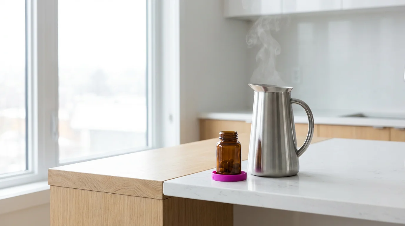 A bright magenta silicone wristband acts as a visual cue under a supplement bottle next to a coffee maker.