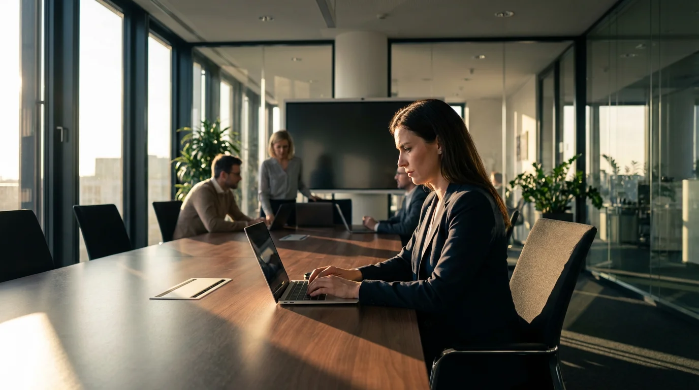 A busy project manager taking digital notes during a high-stakes tech meeting with strong afternoon shadows.