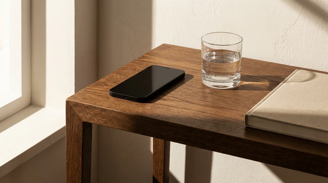 A close-up of a dark smartphone placed face-down on a wooden bedside table with deep shadows.