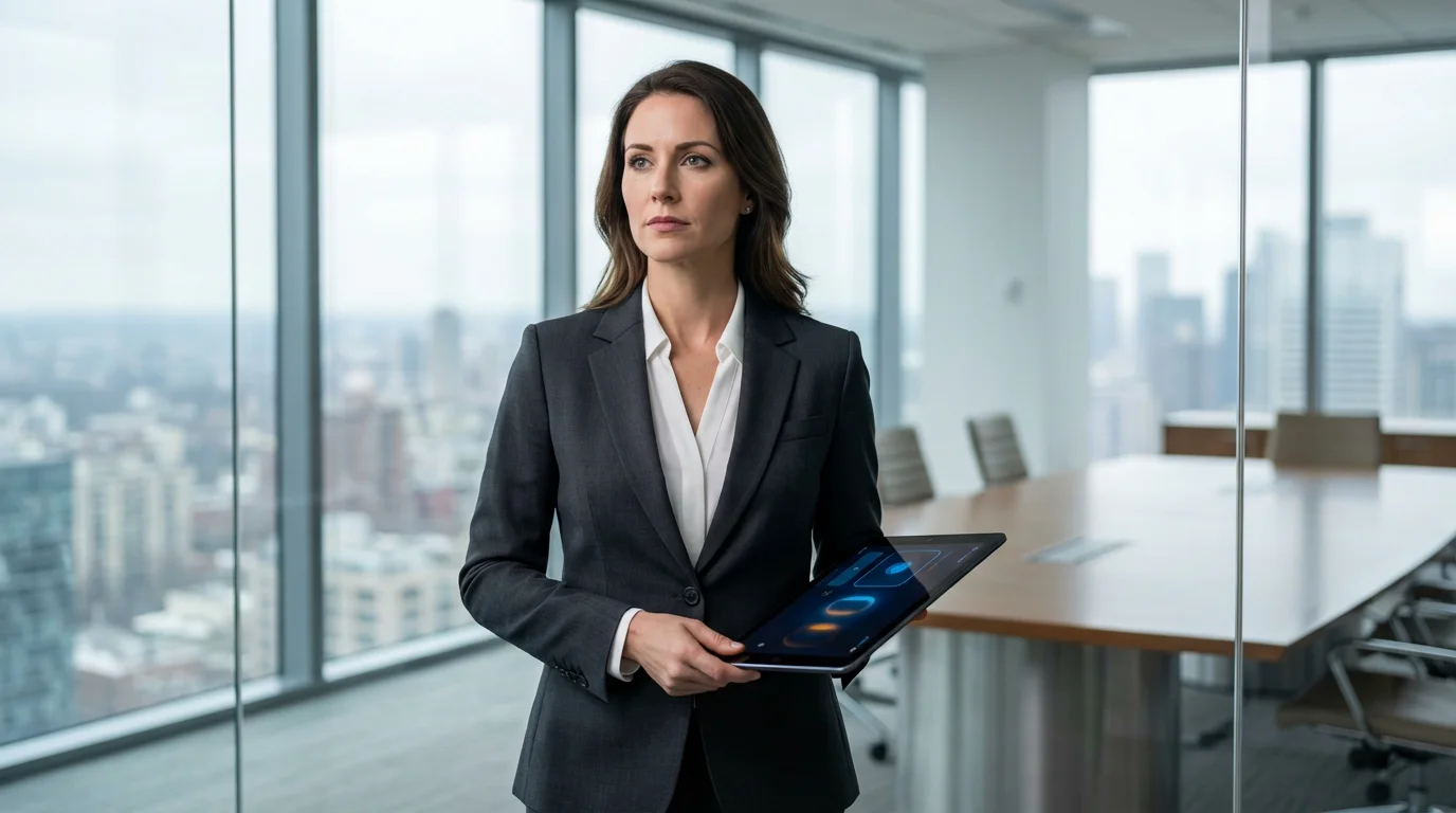 A confident professional in a modern high-rise office achieving success through visualization practice.