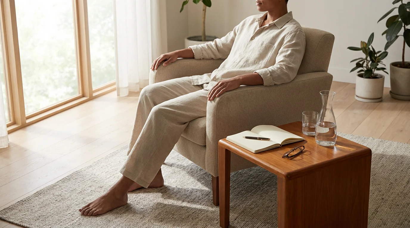A friction-free morning setup with water carafe and open journal next to a chair in soft morning light.